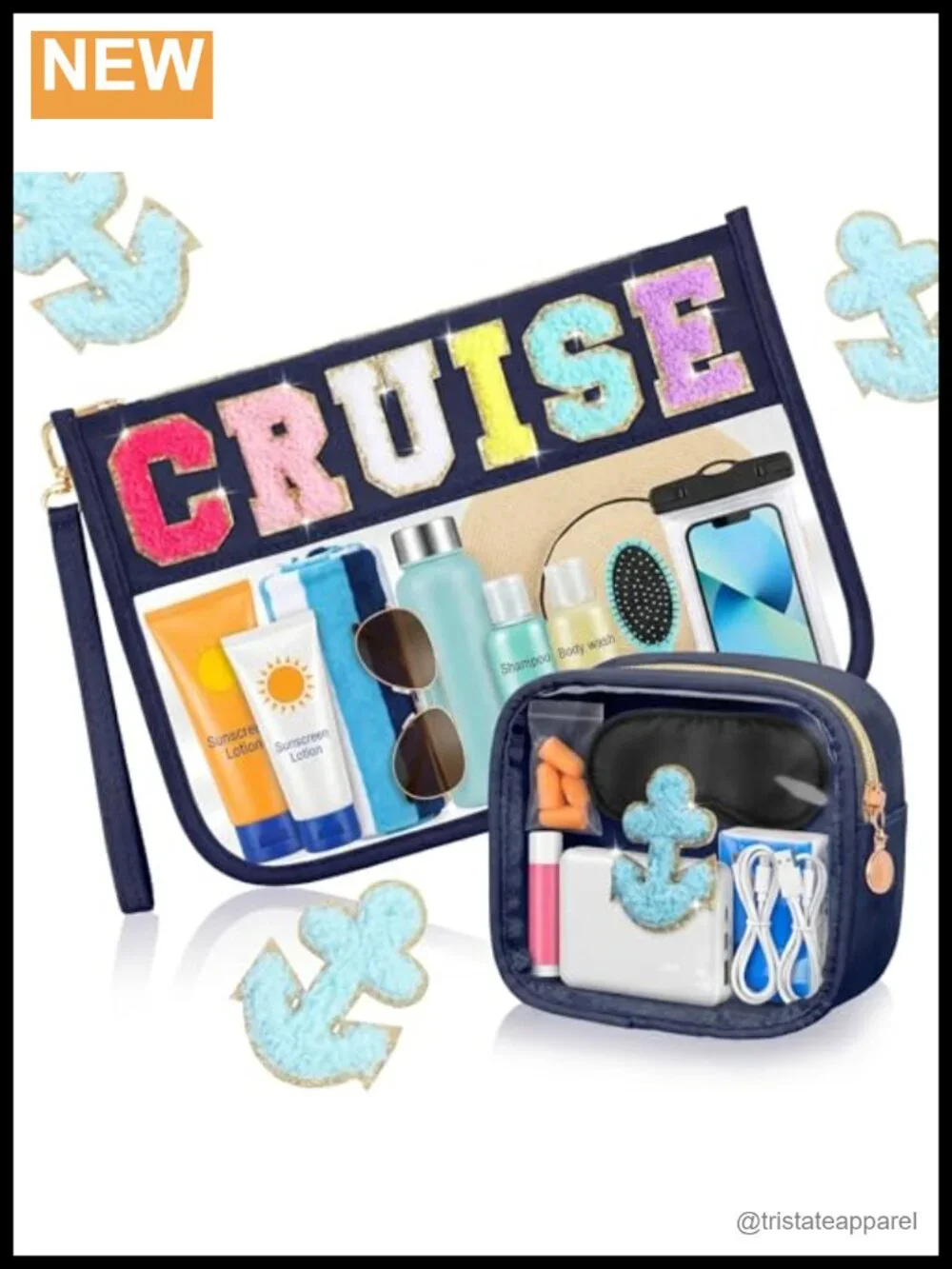 2 Pcs Waterproof PU Cosmetic Bags Travel Pouch Chenille Letter Nautical Anchor